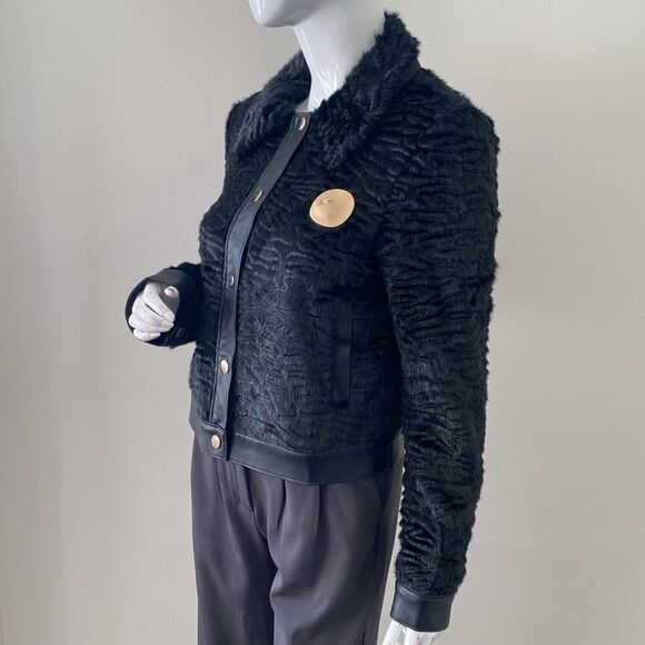 STAUD Buddha Black Faux Fur Jacket Vegan Leather Trim & an Oversized Gold Button - Picture 5 of 9